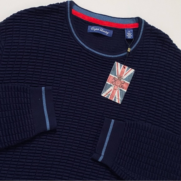 NEW ENGLISH LAUNDRY SWEATER Block Ribbed Navy Blue Collar Cuff Accents SIZE XL - Picture 10 of 10